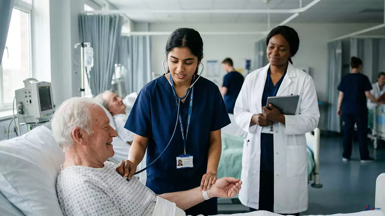 Indian student in hospital ward during MBBS clinical training abroad from Year 1