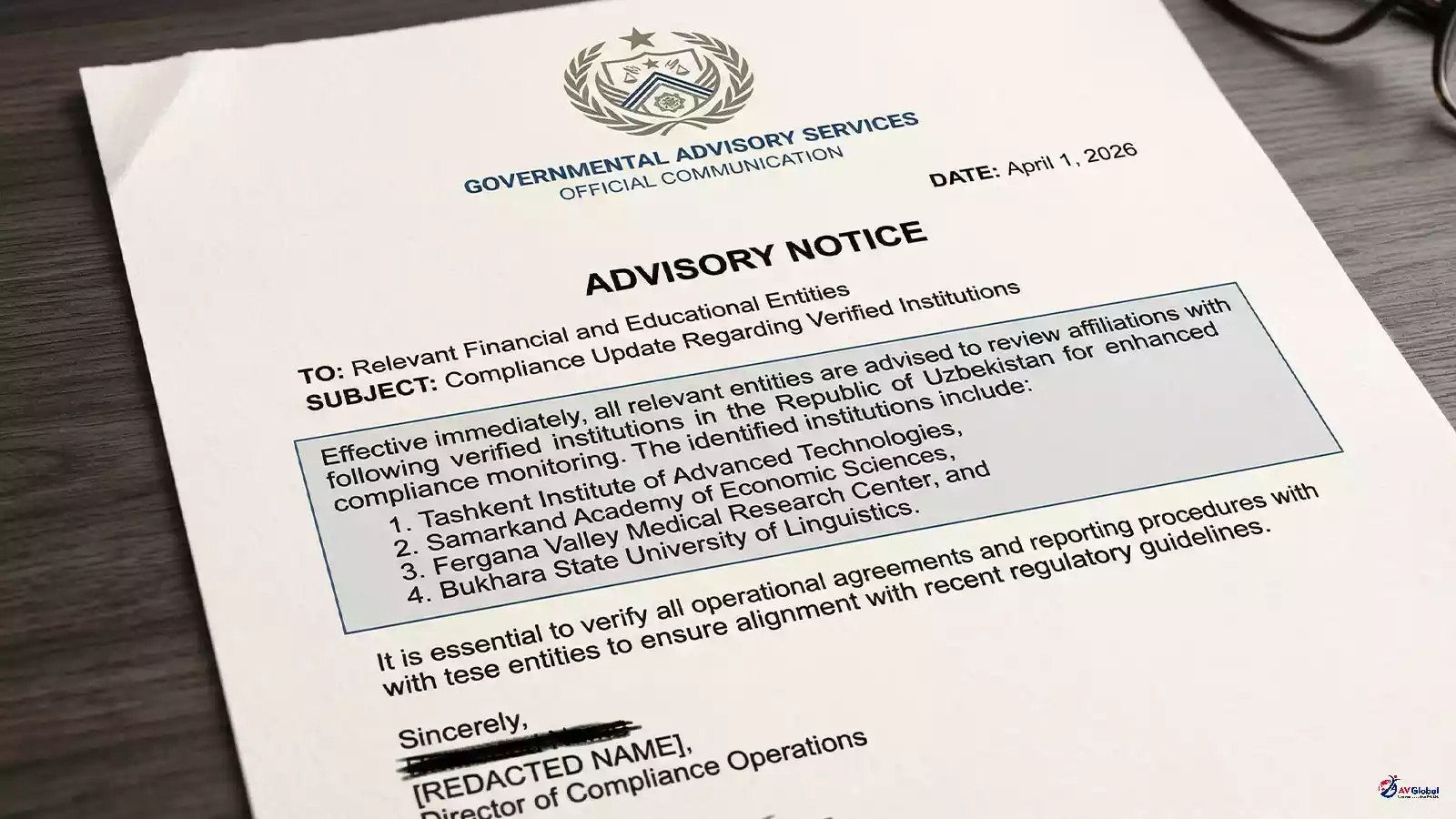 Screenshot of NMC alert note dated April 1 2026 naming Bukhara State Medical Institute Samarkand State Medical University Tashkent State Medical University and TIT Institute Bangalore