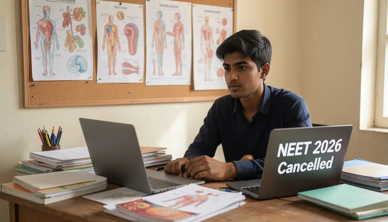 Indian NEET UG 2026 aspirant at study desk reacting to exam cancellation news