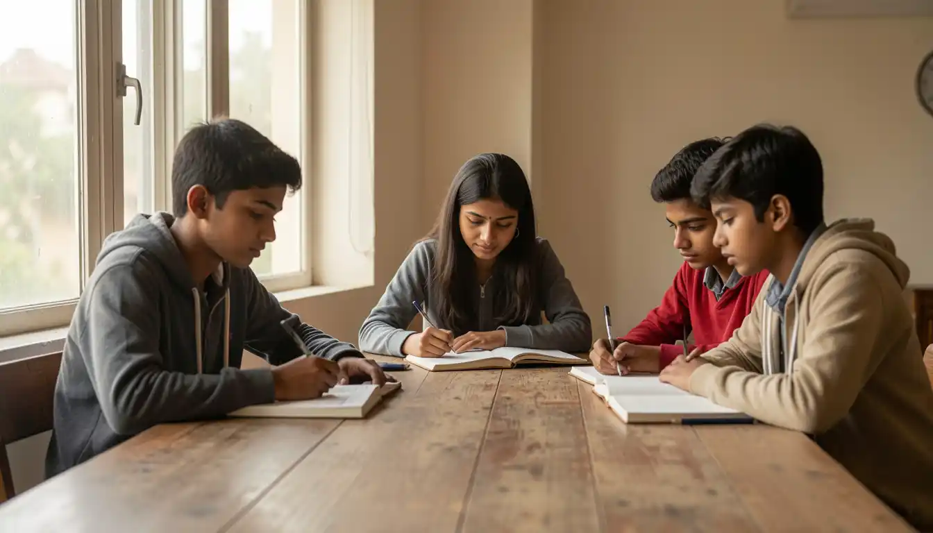 Indian NEET students studying together at a library table preparing for NEET UG re-exam