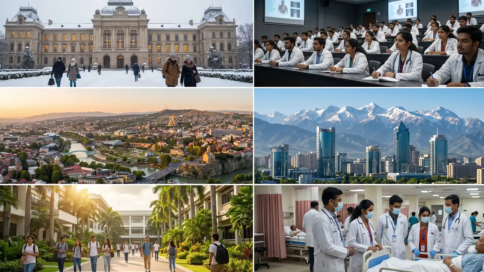 Collage of top MBBS abroad destinations for Indian students — Russia, Georgia, Kazakhstan, Philippines