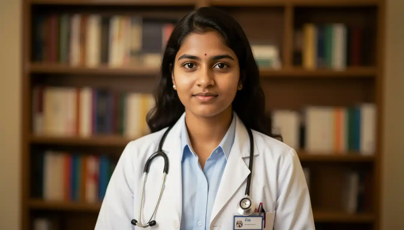 Young Indian medical student in white coat looking forward — MBBS abroad dream still alive