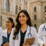 Indian MBBS students walking together at a Georgian medical university campus